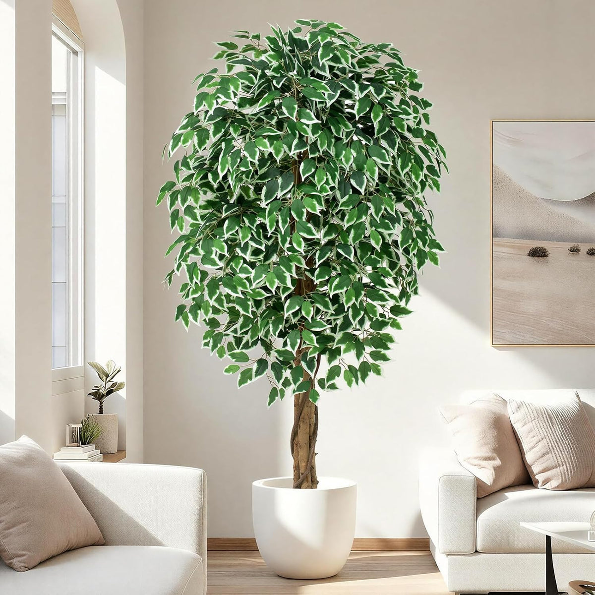 7ft Large Ficus Artificial Trees with Natural Curved Trunks, 84" Tall Lush Faux Tree for Home Decor Indoor, Green Lifelike Fake Ficus Tree 1pcs