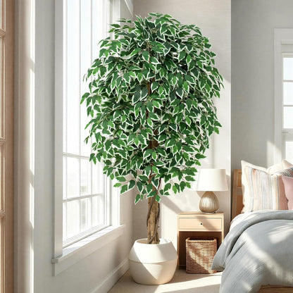 7ft Large Ficus Artificial Trees with Natural Curved Trunks, 84" Tall Lush Faux Tree for Home Decor Indoor, Green Lifelike Fake Ficus Tree 1pcs