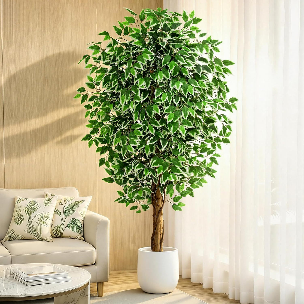 7ft Large Ficus Artificial Trees with Natural Curved Trunks, 84" Tall Lush Faux Tree for Home Decor Indoor, Green Lifelike Fake Ficus Tree 1pcs