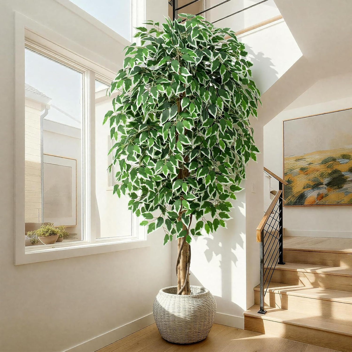 7ft Large Ficus Artificial Trees with Natural Curved Trunks, 84" Tall Lush Faux Tree for Home Decor Indoor, Green Lifelike Fake Ficus Tree 1pcs