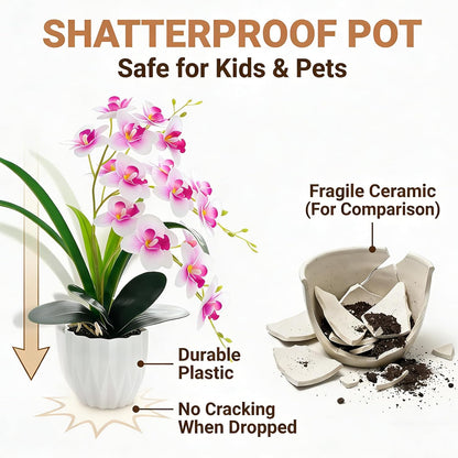 Artificial Orchid Potted Plant, White Purple Fake Orchid Flowers with White Pot, Bendable Faux Phalaenopsis Flower Arrangement for Home Office Table Centerpiece Wedding Party Bathroom Decor