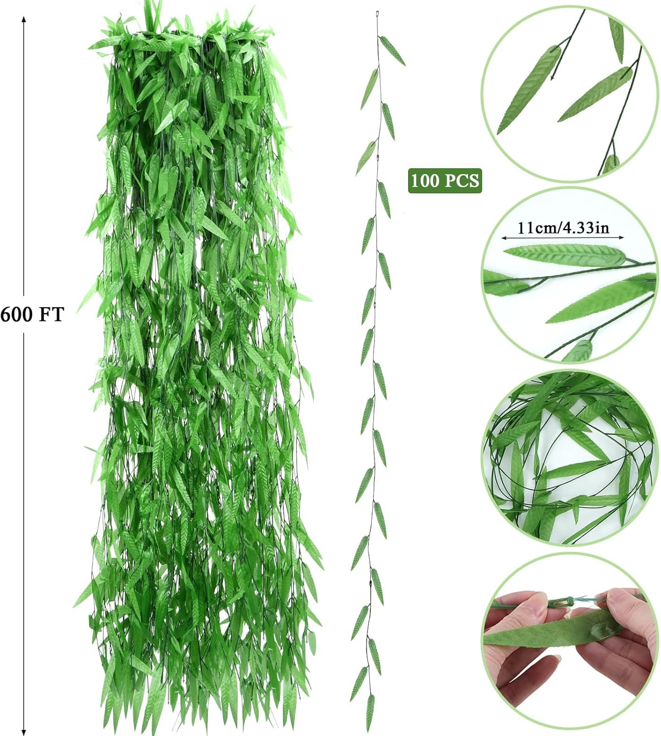 50pcs 300FT Artificial Vine Hanging Greenery Garland Jungle Vines Faux Willow Rattan Vine Artificial Leaves Garland Aestheti Fake Flowers Foliage for Garden Wedding Party Balcony Jungle Decor