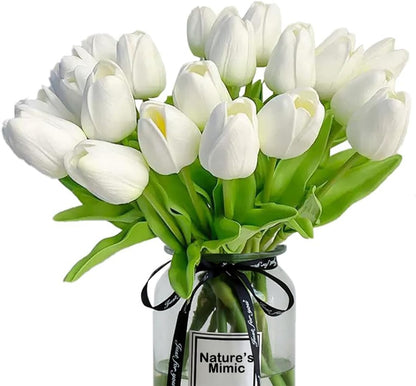 20pcs White Tulips Artificial Flowers 13 Inch PU Fake Flowers Fake Tulips