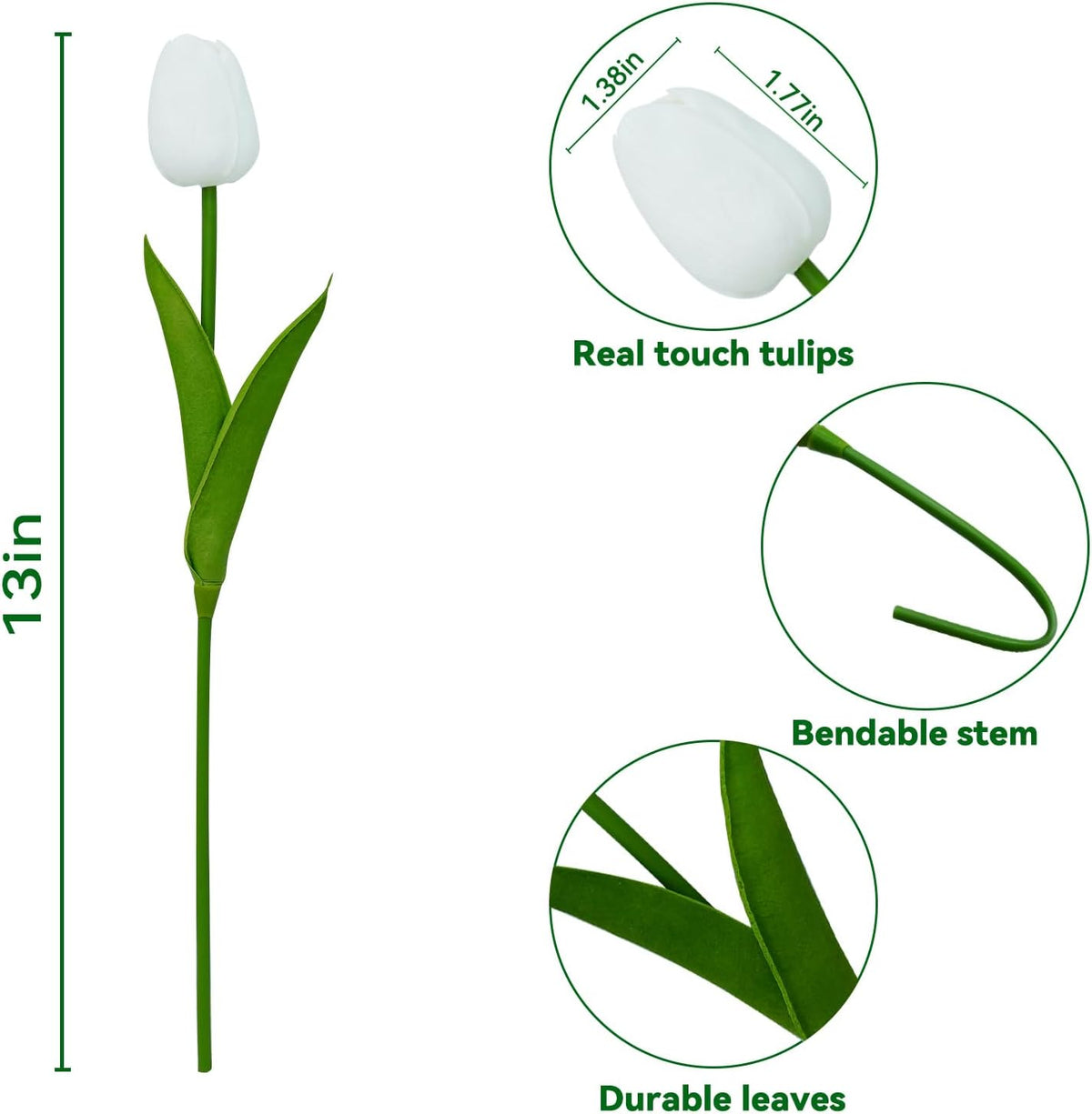 20pcs White Tulips Artificial Flowers 13 Inch PU Fake Flowers Fake Tulips