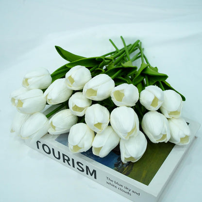 20pcs White Tulips Artificial Flowers 13 Inch PU Fake Flowers Fake Tulips