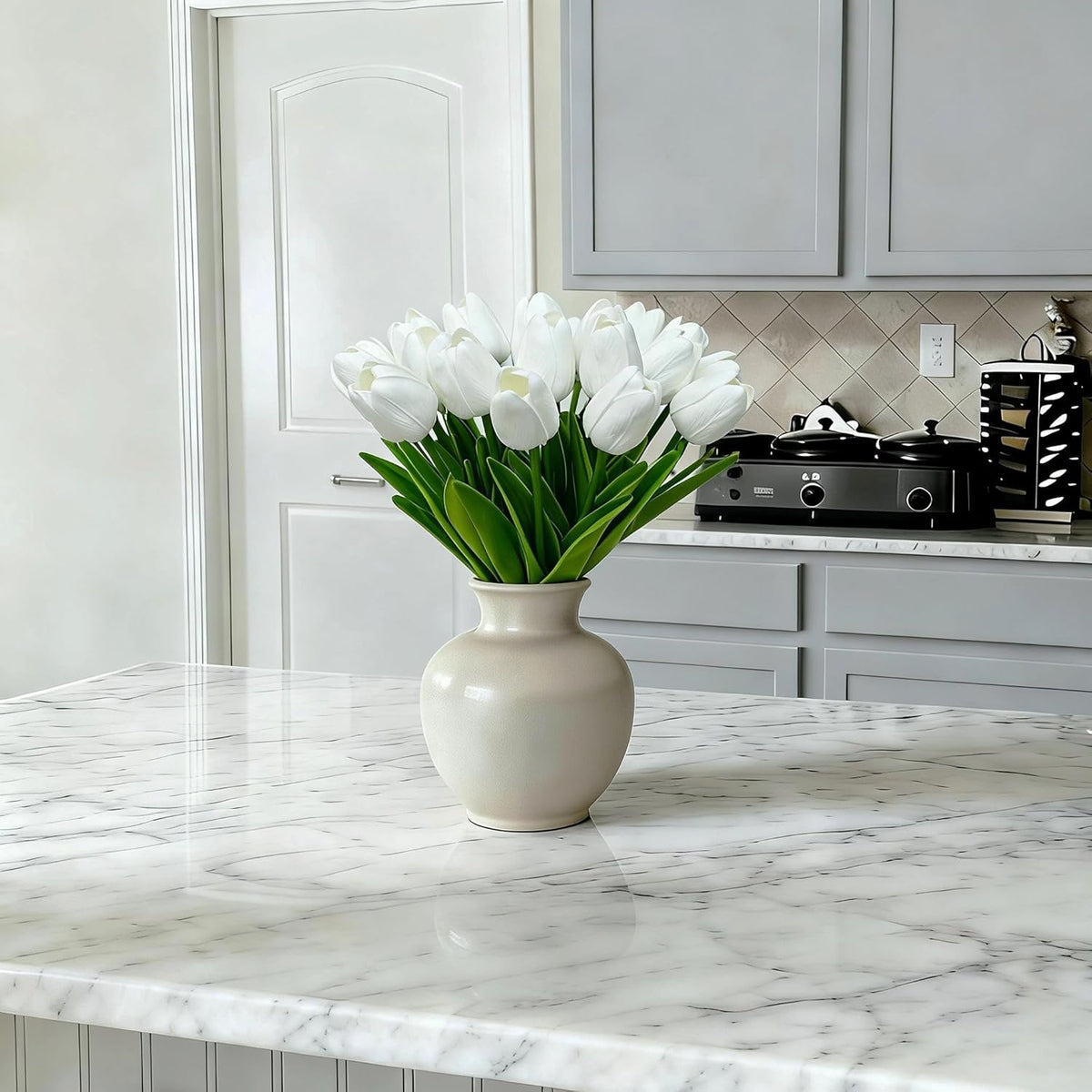 20pcs White Tulips Artificial Flowers 13 Inch PU Fake Flowers Fake Tulips