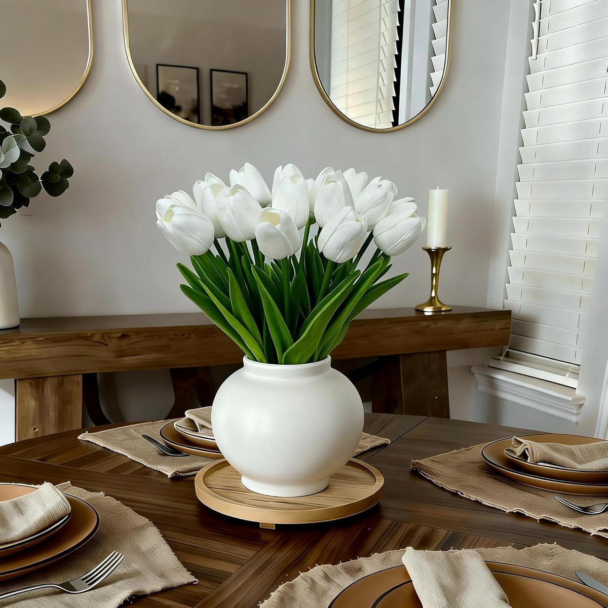 20pcs White Tulips Artificial Flowers 13 Inch PU Fake Flowers Fake Tulips