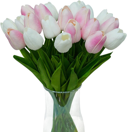 20pcs White Tulips Artificial Flowers 13 Inch PU Fake Flowers Fake Tulips