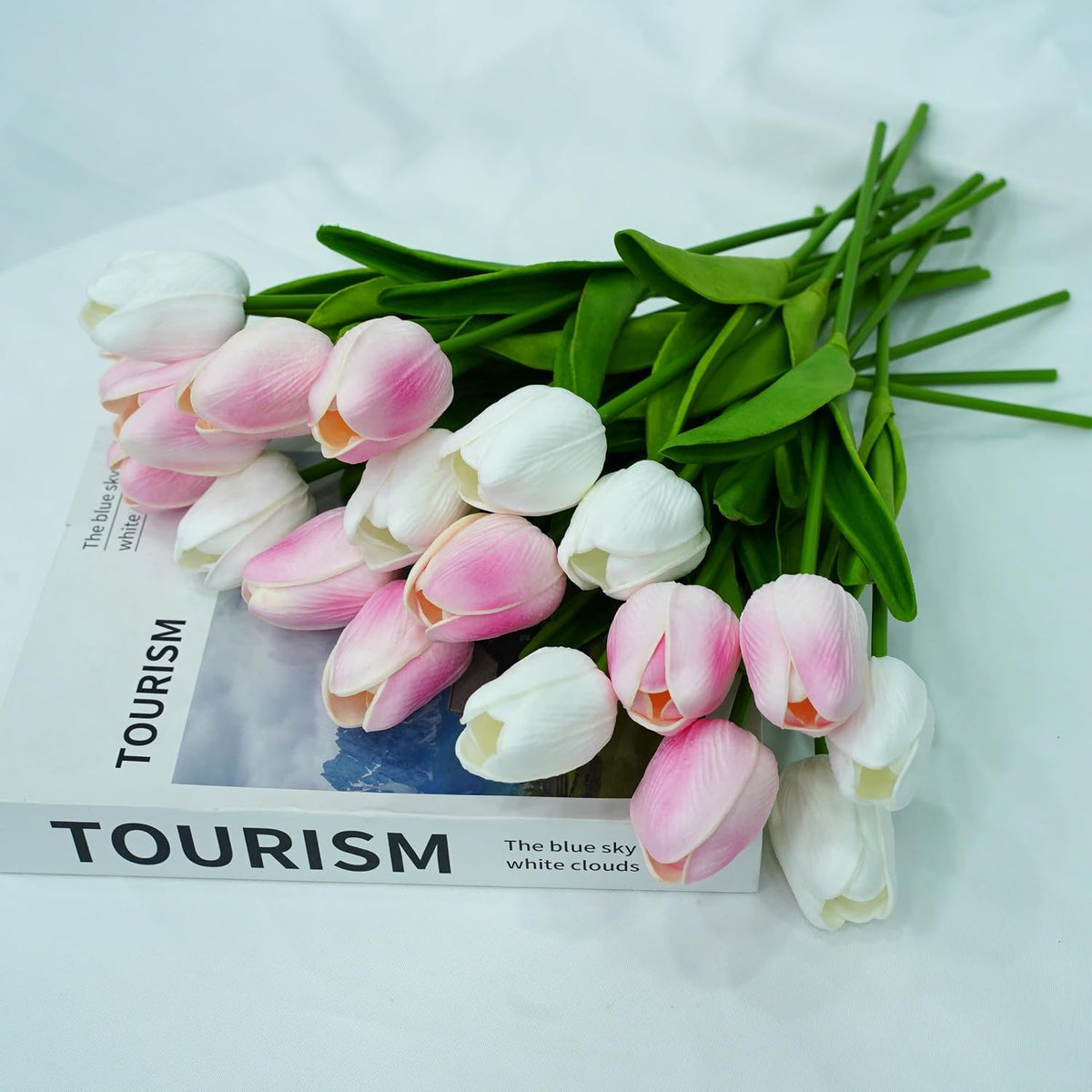 20pcs White Tulips Artificial Flowers 13 Inch PU Fake Flowers Fake Tulips