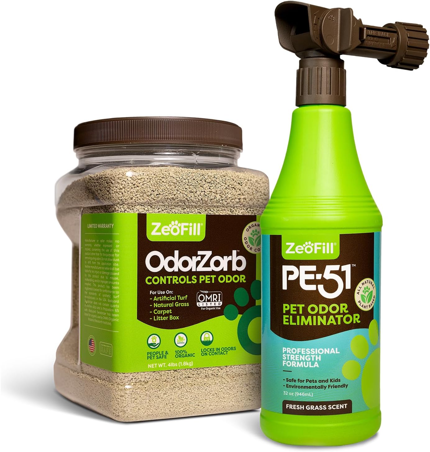 ® Artificial Turf Cleaner & Pet Odor Eliminator Premium Bundle – 8LBS OdorZorb, 1 Gal PE-51, 32oz PE-51 w/Nozzle – for Turf, Grass, Litter Box – Organic & Natural