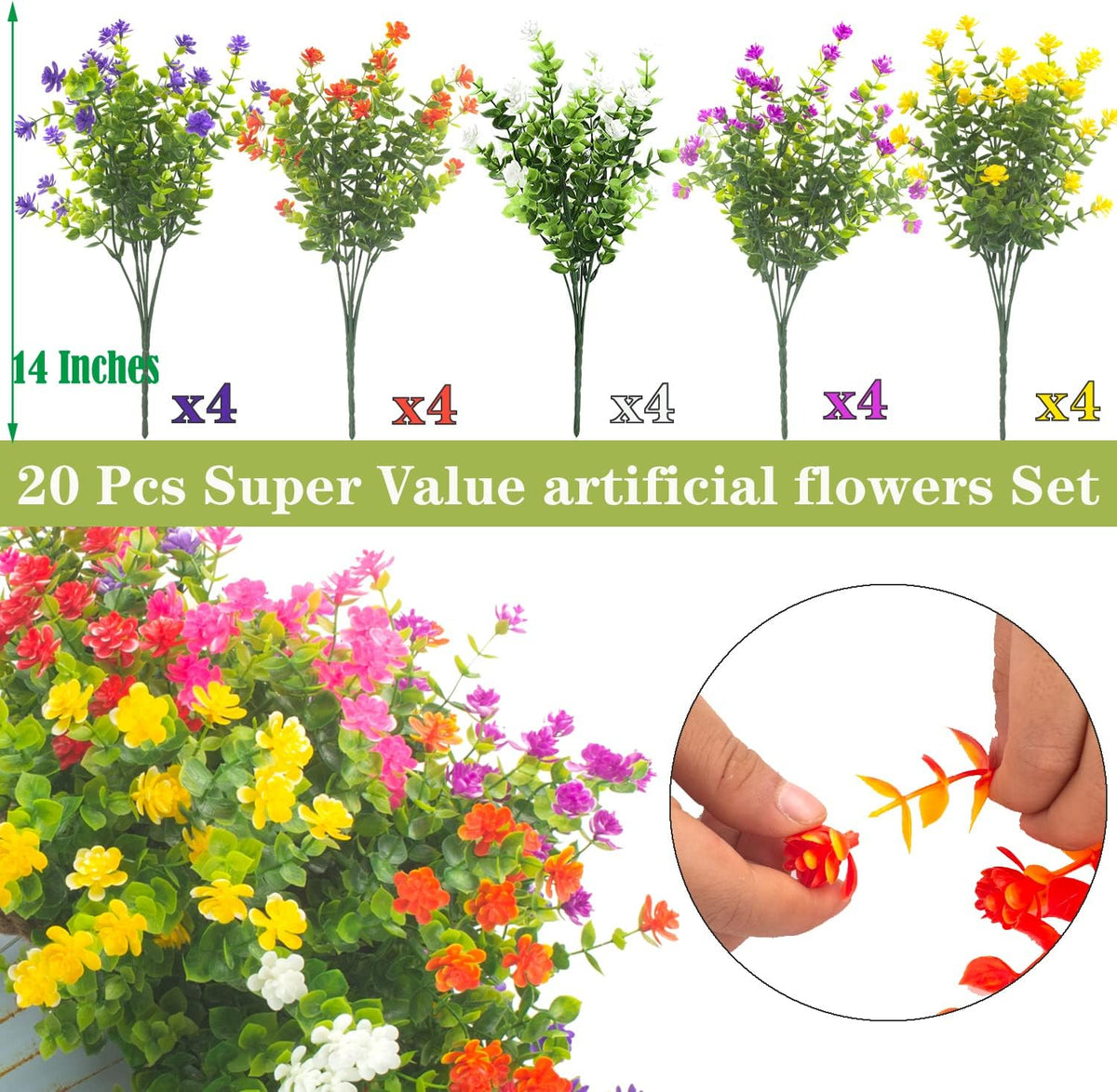 20 Bundles Artificial Outdoor Plants, Fake Wheat Grass Greenery Shrubs UV Resistant Faux Plastic Plants Garden Porch Window Box Décor (Grass)