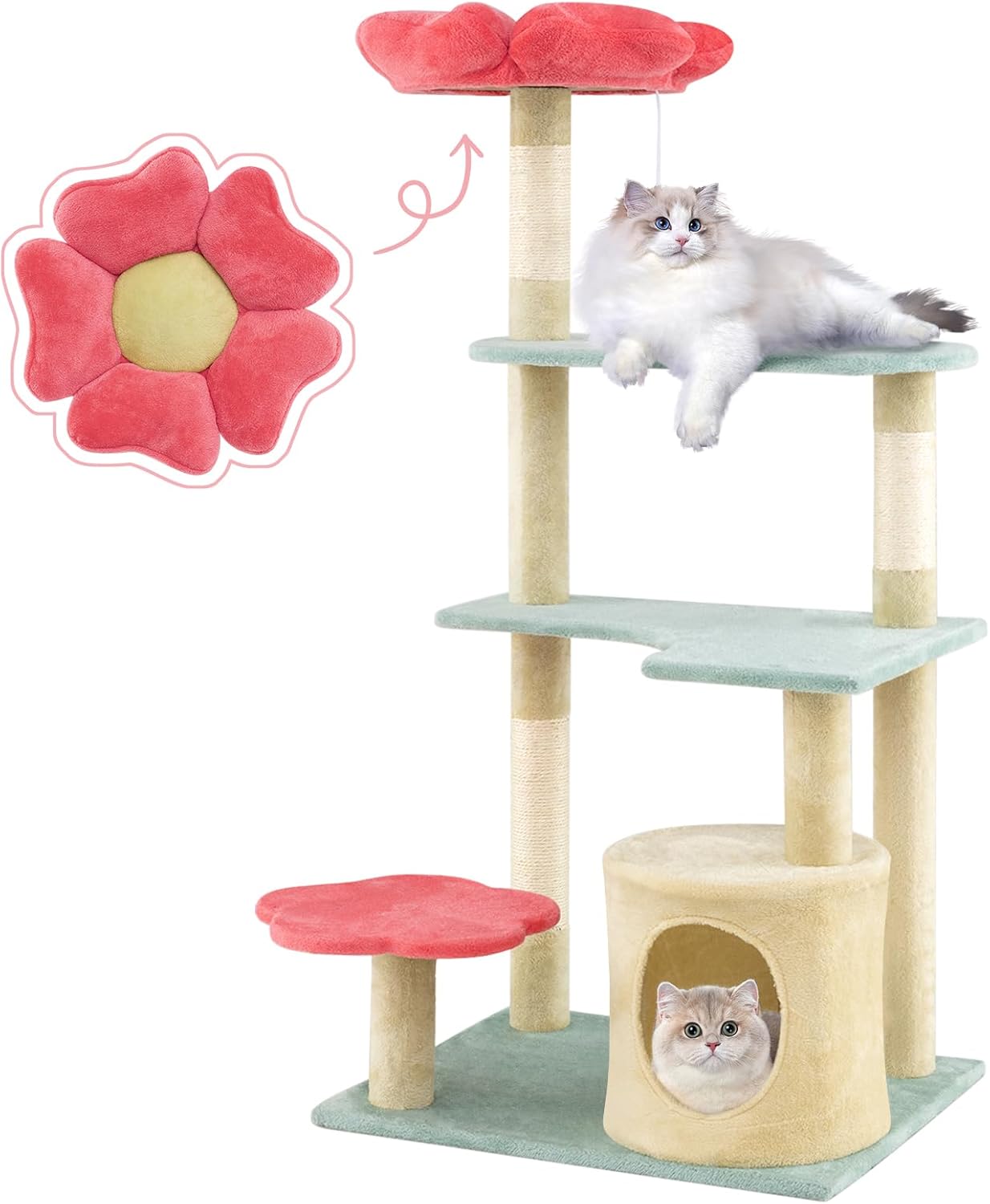 Flower Cat Tree, 49 Inch Multi-Level Aesthetic Floral Kitten Tower with Flower-Shaped Plush Padded Perch, Condo, Sisal Scratching Posts, Dangling Ball, Cute Cat Tree Tower for Indoor Cats