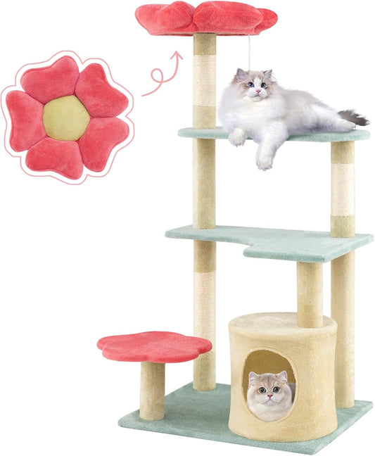 Flower Cat Tree, 49 Inch Multi-Level Aesthetic Floral Kitten Tower with Flower-Shaped Plush Padded Perch, Condo, Sisal Scratching Posts, Dangling Ball, Cute Cat Tree Tower for Indoor Cats