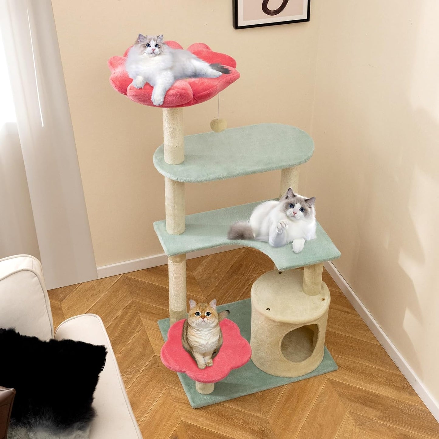 Flower Cat Tree, 49 Inch Multi-Level Aesthetic Floral Kitten Tower with Flower-Shaped Plush Padded Perch, Condo, Sisal Scratching Posts, Dangling Ball, Cute Cat Tree Tower for Indoor Cats