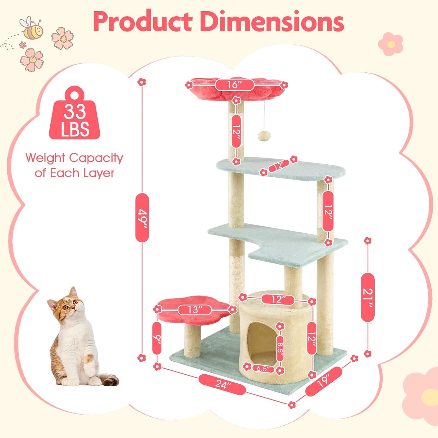 Flower Cat Tree, 49 Inch Multi-Level Aesthetic Floral Kitten Tower with Flower-Shaped Plush Padded Perch, Condo, Sisal Scratching Posts, Dangling Ball, Cute Cat Tree Tower for Indoor Cats