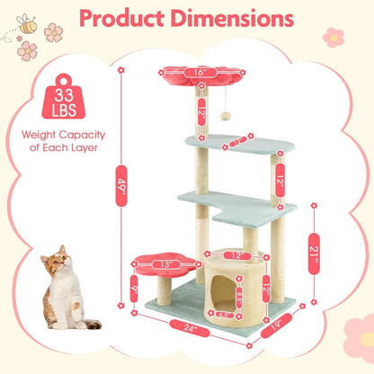 Flower Cat Tree, 49 Inch Multi-Level Aesthetic Floral Kitten Tower with Flower-Shaped Plush Padded Perch, Condo, Sisal Scratching Posts, Dangling Ball, Cute Cat Tree Tower for Indoor Cats