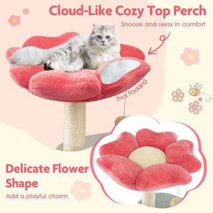 Flower Cat Tree, 49 Inch Multi-Level Aesthetic Floral Kitten Tower with Flower-Shaped Plush Padded Perch, Condo, Sisal Scratching Posts, Dangling Ball, Cute Cat Tree Tower for Indoor Cats