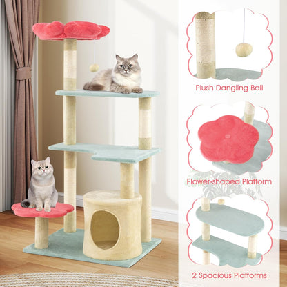 Flower Cat Tree, 49 Inch Multi-Level Aesthetic Floral Kitten Tower with Flower-Shaped Plush Padded Perch, Condo, Sisal Scratching Posts, Dangling Ball, Cute Cat Tree Tower for Indoor Cats