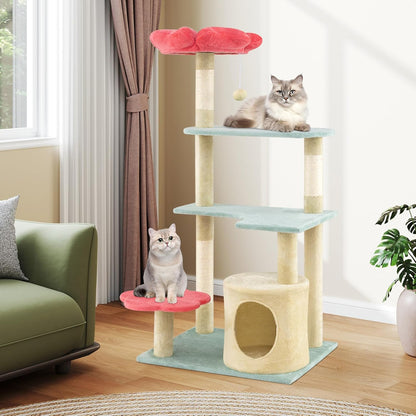 Flower Cat Tree, 49 Inch Multi-Level Aesthetic Floral Kitten Tower with Flower-Shaped Plush Padded Perch, Condo, Sisal Scratching Posts, Dangling Ball, Cute Cat Tree Tower for Indoor Cats