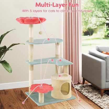 Flower Cat Tree, 49 Inch Multi-Level Aesthetic Floral Kitten Tower with Flower-Shaped Plush Padded Perch, Condo, Sisal Scratching Posts, Dangling Ball, Cute Cat Tree Tower for Indoor Cats