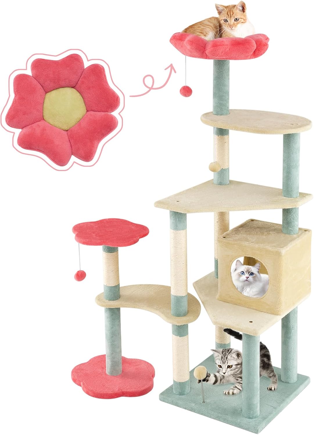 Flower Cat Tree, 49 Inch Multi-Level Aesthetic Floral Kitten Tower with Flower-Shaped Plush Padded Perch, Condo, Sisal Scratching Posts, Dangling Ball, Cute Cat Tree Tower for Indoor Cats