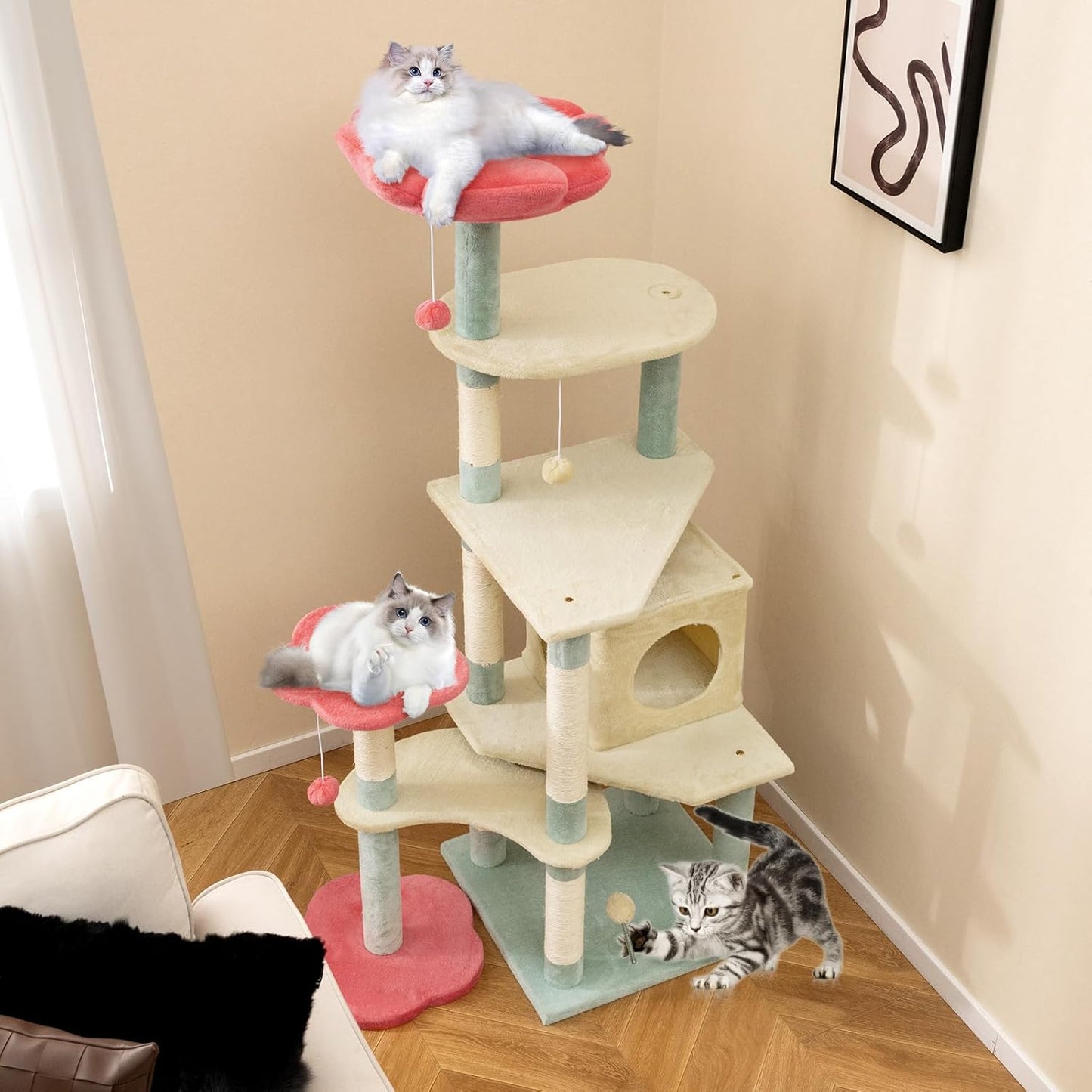 Flower Cat Tree, 49 Inch Multi-Level Aesthetic Floral Kitten Tower with Flower-Shaped Plush Padded Perch, Condo, Sisal Scratching Posts, Dangling Ball, Cute Cat Tree Tower for Indoor Cats
