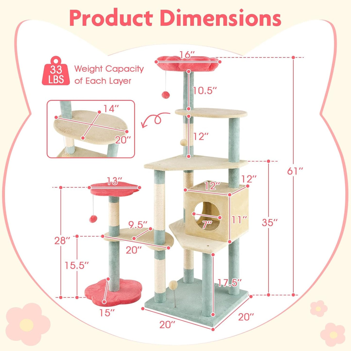 Flower Cat Tree, 49 Inch Multi-Level Aesthetic Floral Kitten Tower with Flower-Shaped Plush Padded Perch, Condo, Sisal Scratching Posts, Dangling Ball, Cute Cat Tree Tower for Indoor Cats