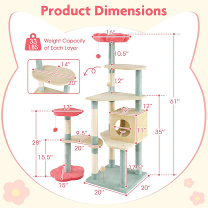 Flower Cat Tree, 49 Inch Multi-Level Aesthetic Floral Kitten Tower with Flower-Shaped Plush Padded Perch, Condo, Sisal Scratching Posts, Dangling Ball, Cute Cat Tree Tower for Indoor Cats