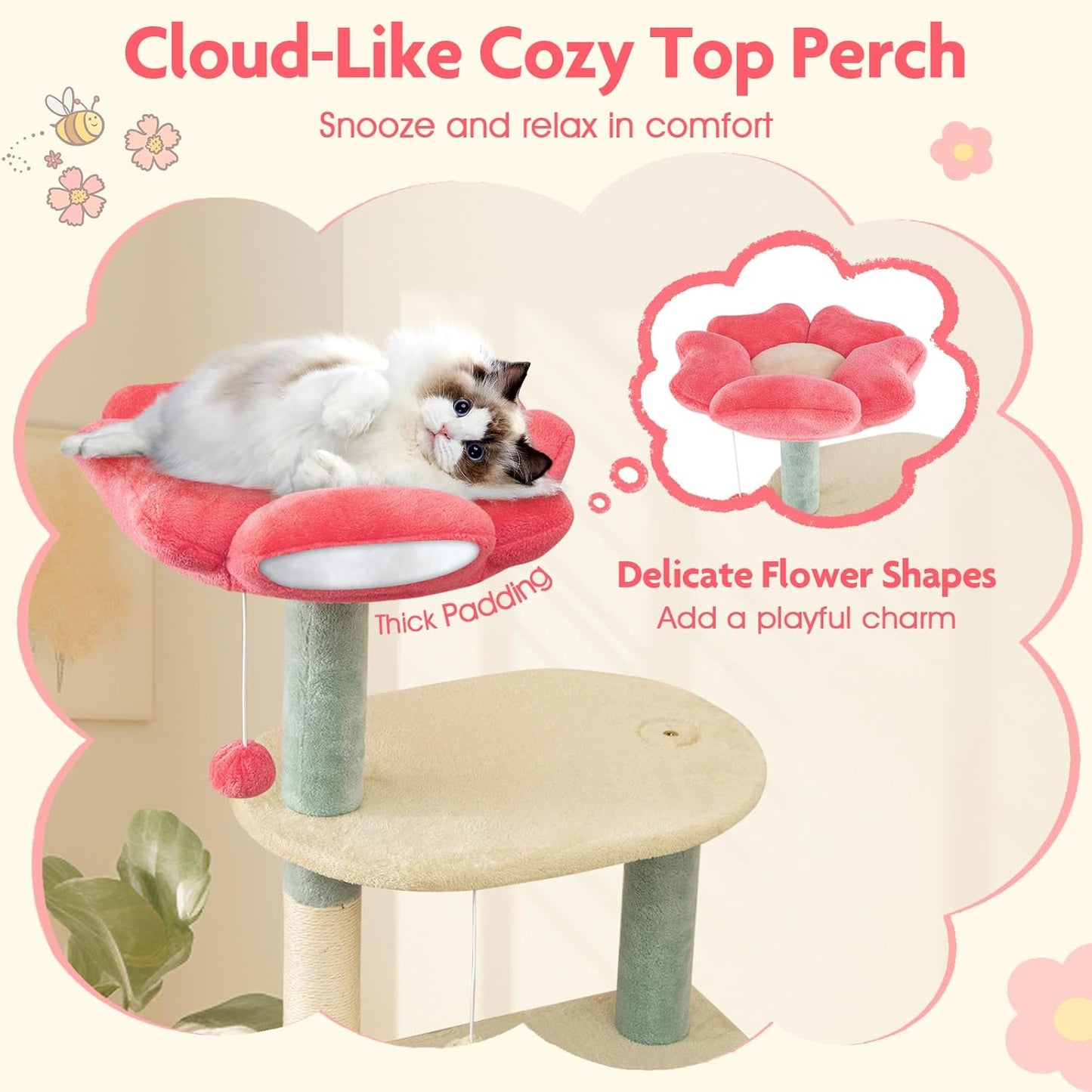 Flower Cat Tree, 49 Inch Multi-Level Aesthetic Floral Kitten Tower with Flower-Shaped Plush Padded Perch, Condo, Sisal Scratching Posts, Dangling Ball, Cute Cat Tree Tower for Indoor Cats