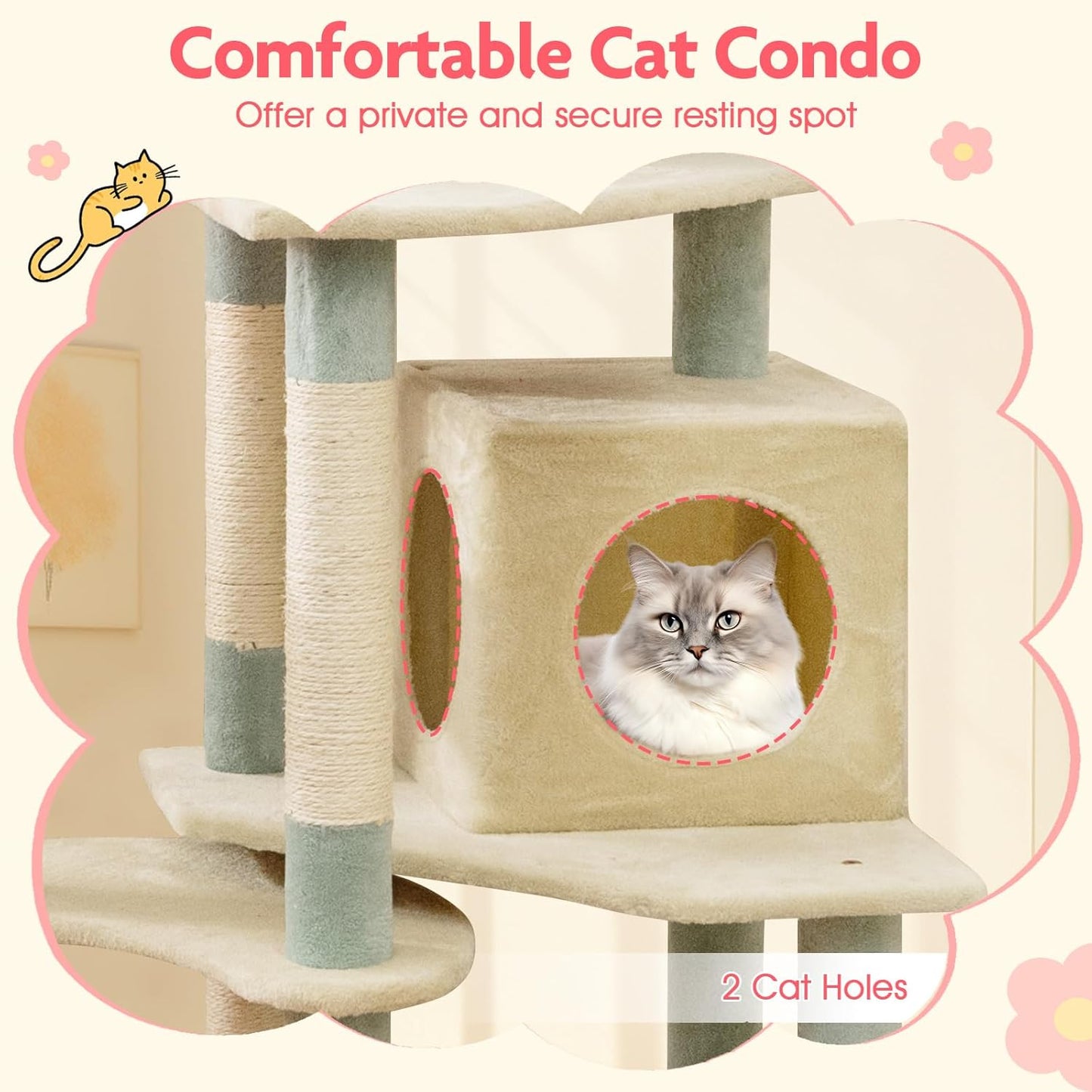 Flower Cat Tree, 49 Inch Multi-Level Aesthetic Floral Kitten Tower with Flower-Shaped Plush Padded Perch, Condo, Sisal Scratching Posts, Dangling Ball, Cute Cat Tree Tower for Indoor Cats