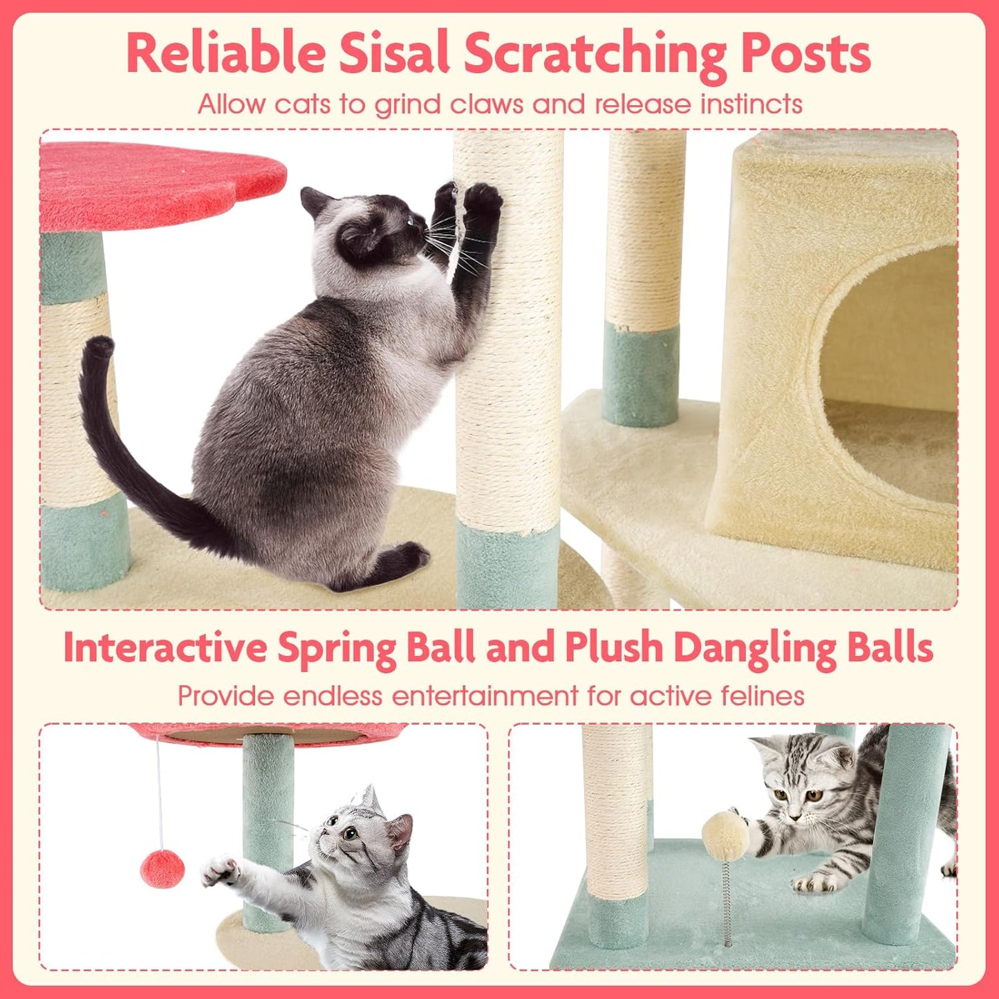 Flower Cat Tree, 49 Inch Multi-Level Aesthetic Floral Kitten Tower with Flower-Shaped Plush Padded Perch, Condo, Sisal Scratching Posts, Dangling Ball, Cute Cat Tree Tower for Indoor Cats