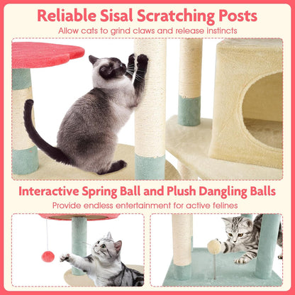 Flower Cat Tree, 49 Inch Multi-Level Aesthetic Floral Kitten Tower with Flower-Shaped Plush Padded Perch, Condo, Sisal Scratching Posts, Dangling Ball, Cute Cat Tree Tower for Indoor Cats