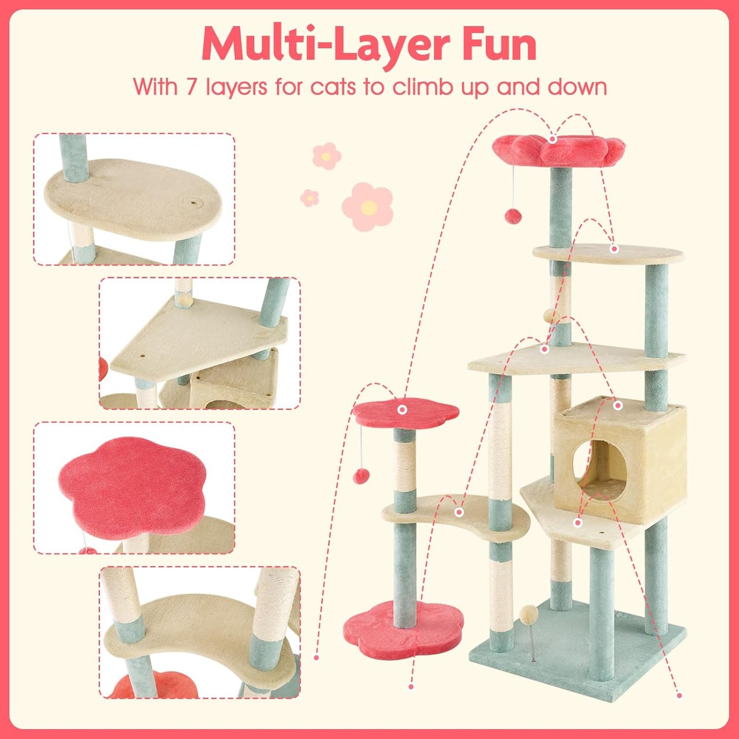 Flower Cat Tree, 49 Inch Multi-Level Aesthetic Floral Kitten Tower with Flower-Shaped Plush Padded Perch, Condo, Sisal Scratching Posts, Dangling Ball, Cute Cat Tree Tower for Indoor Cats