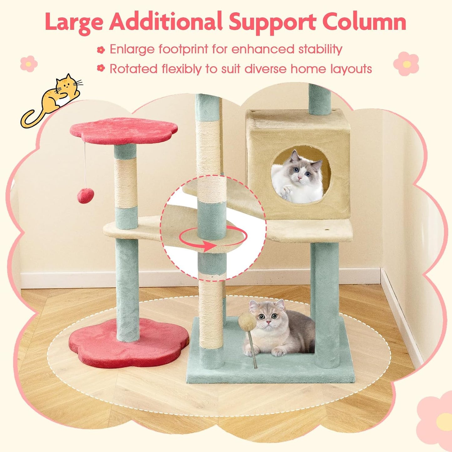 Flower Cat Tree, 49 Inch Multi-Level Aesthetic Floral Kitten Tower with Flower-Shaped Plush Padded Perch, Condo, Sisal Scratching Posts, Dangling Ball, Cute Cat Tree Tower for Indoor Cats