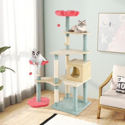 Flower Cat Tree, 49 Inch Multi-Level Aesthetic Floral Kitten Tower with Flower-Shaped Plush Padded Perch, Condo, Sisal Scratching Posts, Dangling Ball, Cute Cat Tree Tower for Indoor Cats