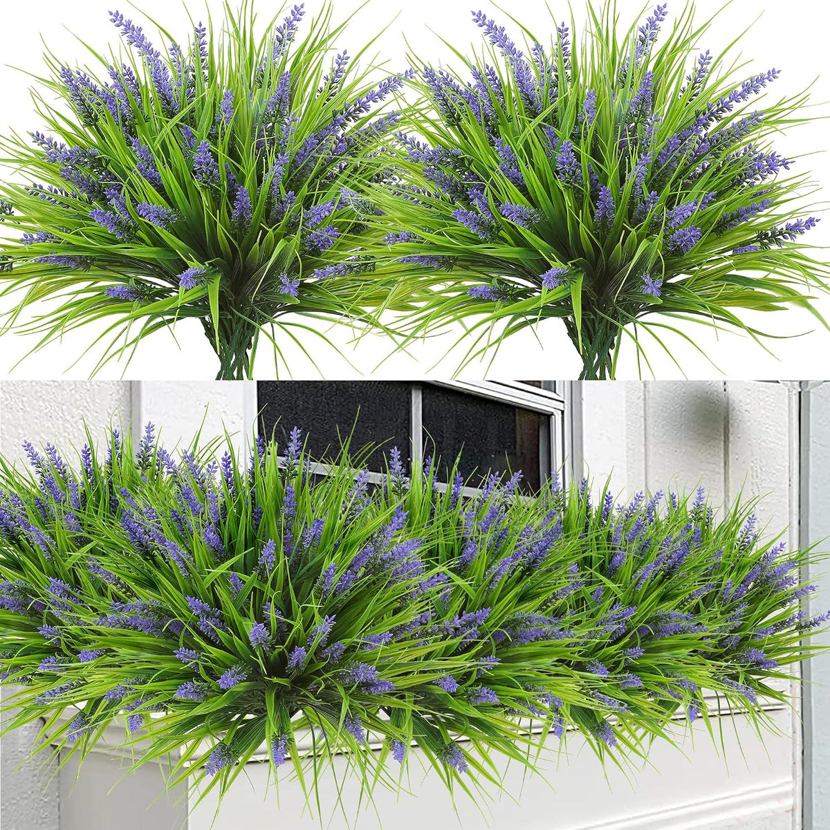 12 Bundles Artificial Plants Outdoor Faux Lavender Flowers Fake Monkey Grass UV Resistant Plastic Greenery Plants for Garden Home Porch Window Patio Hanging Planter Indoor Decor (Purple)