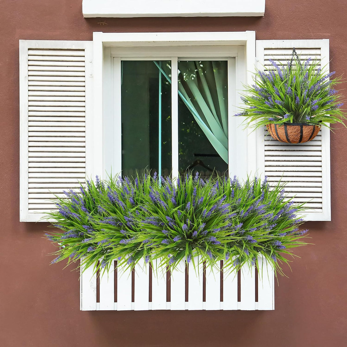 12 Bundles Artificial Plants Outdoor Faux Lavender Flowers Fake Monkey Grass UV Resistant Plastic Greenery Plants for Garden Home Porch Window Patio Hanging Planter Indoor Decor (Purple)
