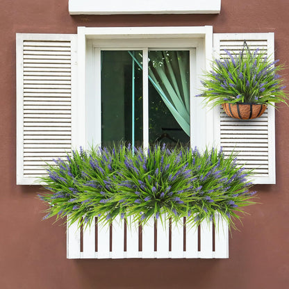 12 Bundles Artificial Plants Outdoor Faux Lavender Flowers Fake Monkey Grass UV Resistant Plastic Greenery Plants for Garden Home Porch Window Patio Hanging Planter Indoor Decor (Purple)