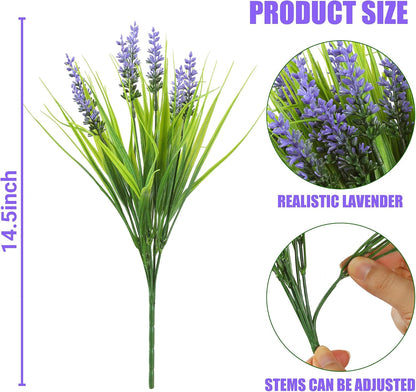 12 Bundles Artificial Plants Outdoor Faux Lavender Flowers Fake Monkey Grass UV Resistant Plastic Greenery Plants for Garden Home Porch Window Patio Hanging Planter Indoor Decor (Purple)