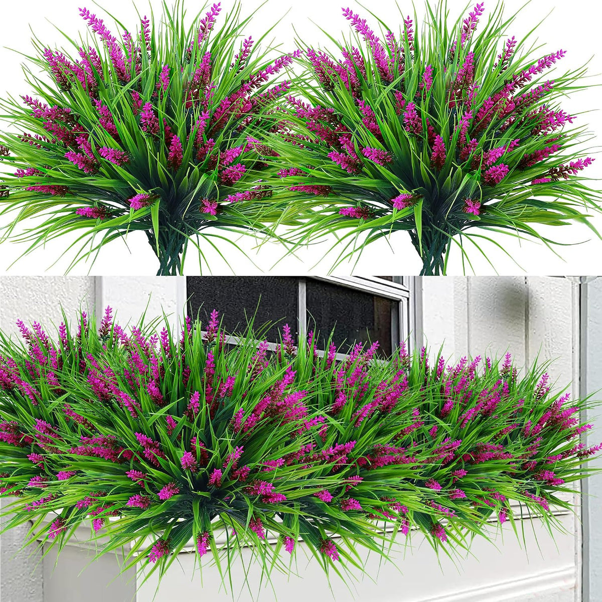 12 Bundles Artificial Plants Outdoor Faux Lavender Flowers Fake Monkey Grass UV Resistant Plastic Greenery Plants for Garden Home Porch Window Patio Hanging Planter Indoor Decor (Purple)