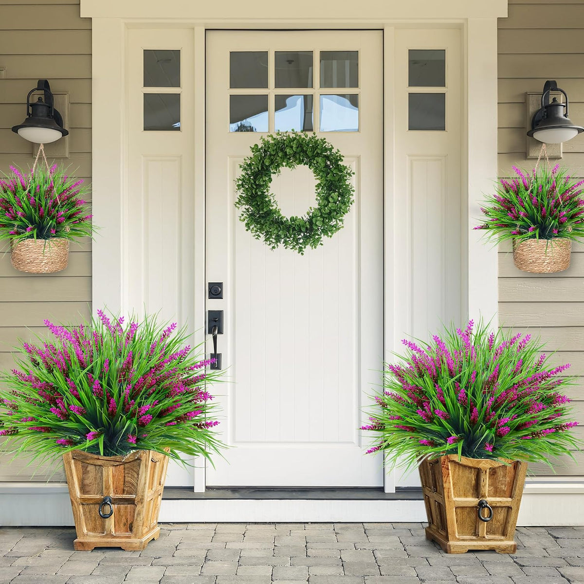 12 Bundles Artificial Plants Outdoor Faux Lavender Flowers Fake Monkey Grass UV Resistant Plastic Greenery Plants for Garden Home Porch Window Patio Hanging Planter Indoor Decor (Purple)