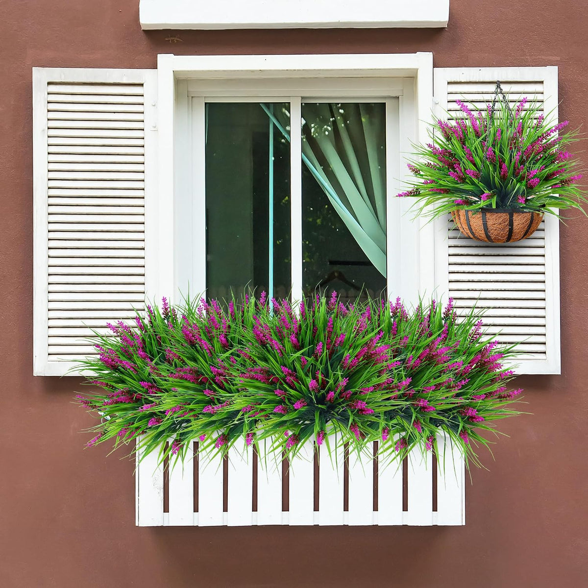 12 Bundles Artificial Plants Outdoor Faux Lavender Flowers Fake Monkey Grass UV Resistant Plastic Greenery Plants for Garden Home Porch Window Patio Hanging Planter Indoor Decor (Purple)