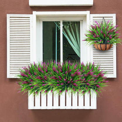 12 Bundles Artificial Plants Outdoor Faux Lavender Flowers Fake Monkey Grass UV Resistant Plastic Greenery Plants for Garden Home Porch Window Patio Hanging Planter Indoor Decor (Purple)
