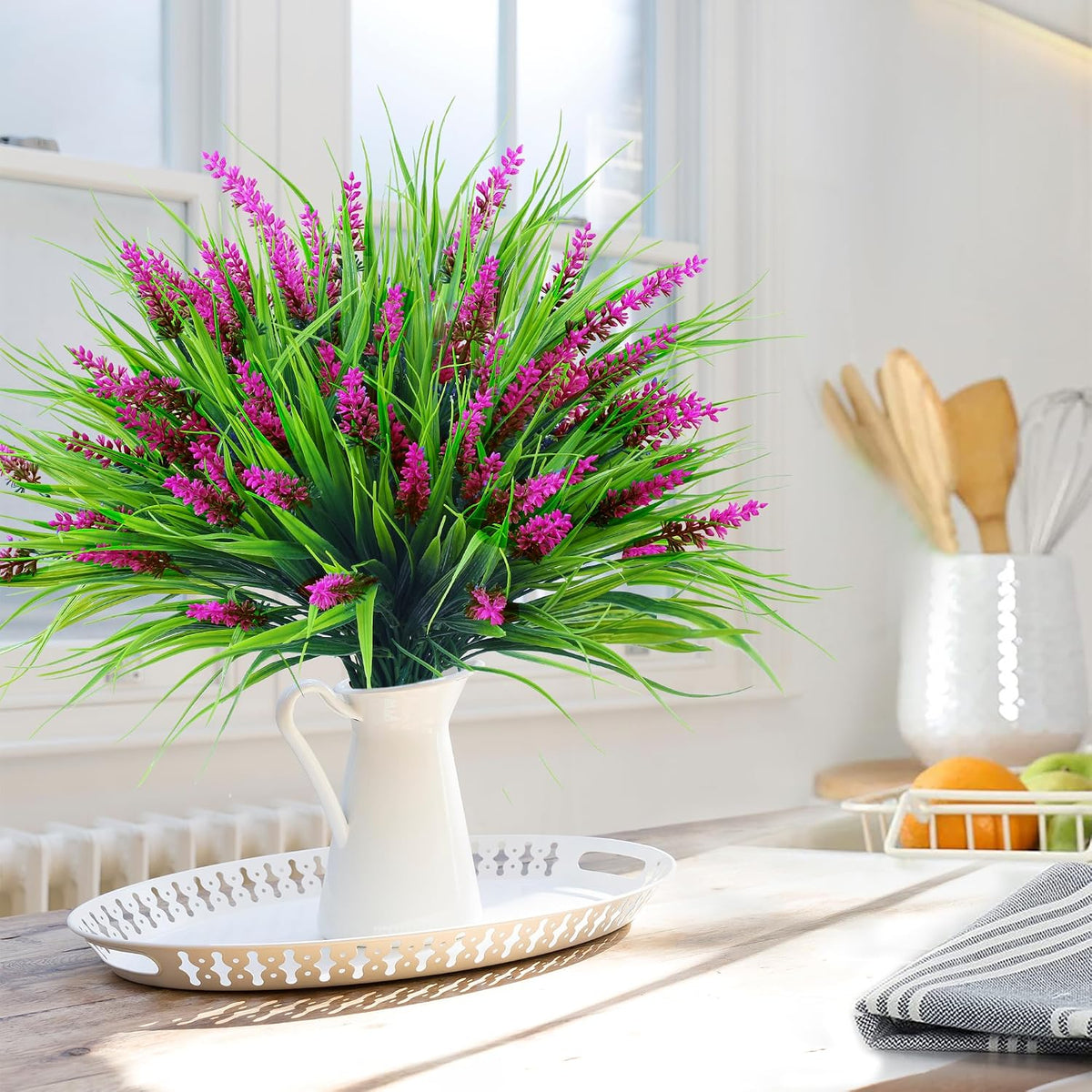 12 Bundles Artificial Plants Outdoor Faux Lavender Flowers Fake Monkey Grass UV Resistant Plastic Greenery Plants for Garden Home Porch Window Patio Hanging Planter Indoor Decor (Purple)