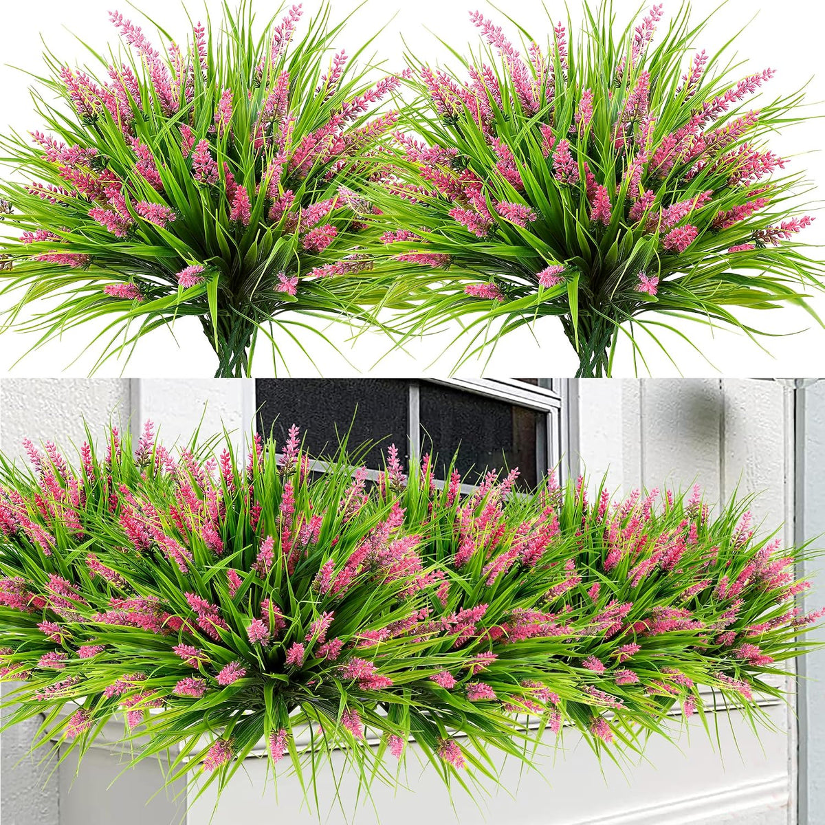 12 Bundles Artificial Plants Outdoor Faux Lavender Flowers Fake Monkey Grass UV Resistant Plastic Greenery Plants for Garden Home Porch Window Patio Hanging Planter Indoor Decor (Purple)