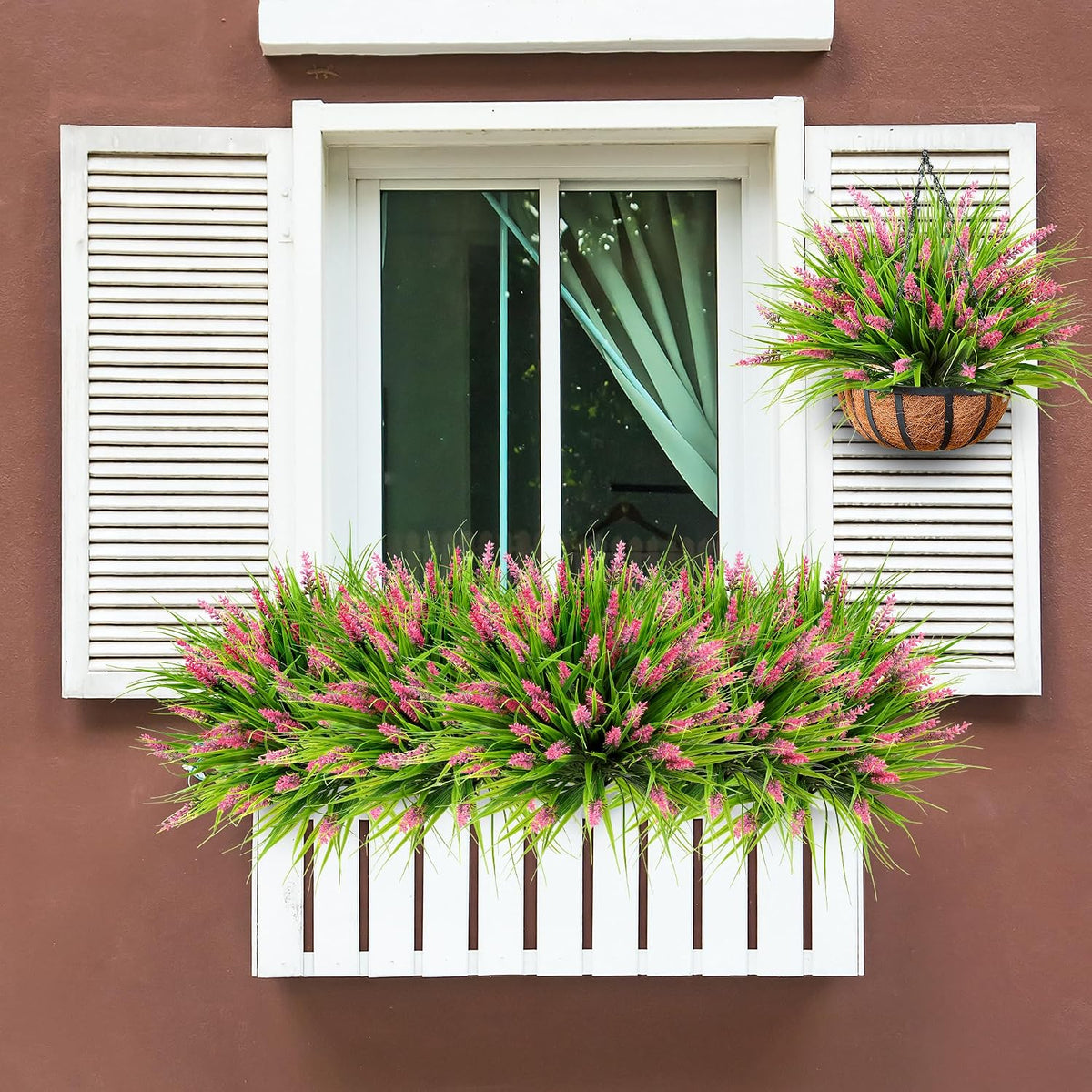12 Bundles Artificial Plants Outdoor Faux Lavender Flowers Fake Monkey Grass UV Resistant Plastic Greenery Plants for Garden Home Porch Window Patio Hanging Planter Indoor Decor (Purple)