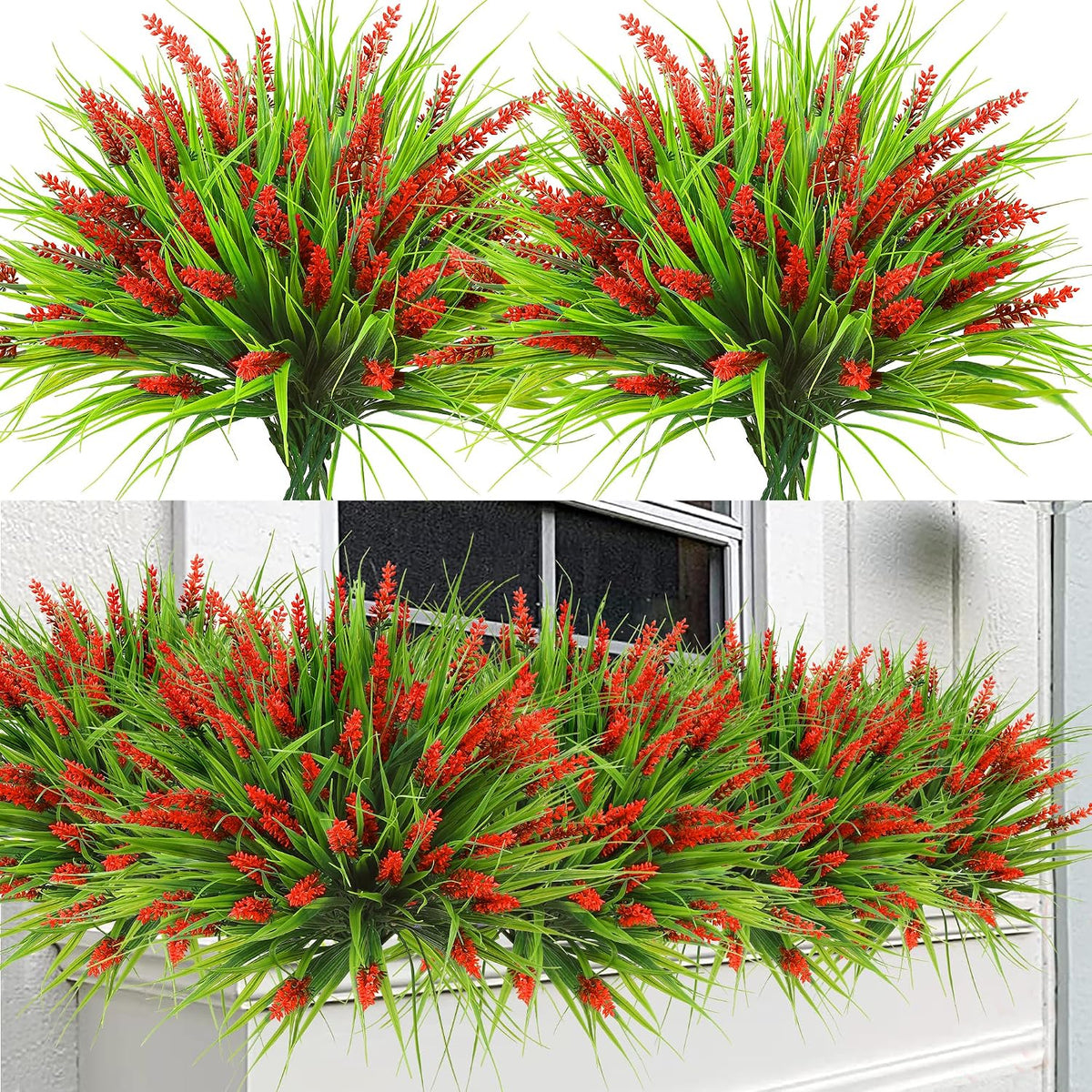 12 Bundles Artificial Plants Outdoor Faux Lavender Flowers Fake Monkey Grass UV Resistant Plastic Greenery Plants for Garden Home Porch Window Patio Hanging Planter Indoor Decor (Purple)