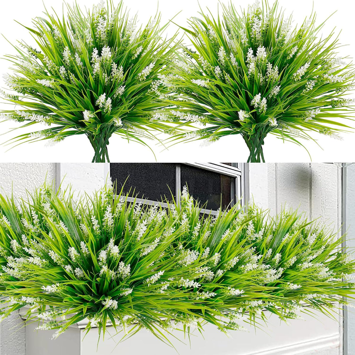 12 Bundles Artificial Plants Outdoor Faux Lavender Flowers Fake Monkey Grass UV Resistant Plastic Greenery Plants for Garden Home Porch Window Patio Hanging Planter Indoor Decor (Purple)