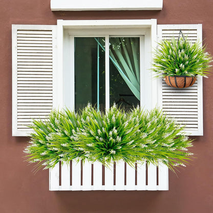 12 Bundles Artificial Plants Outdoor Faux Lavender Flowers Fake Monkey Grass UV Resistant Plastic Greenery Plants for Garden Home Porch Window Patio Hanging Planter Indoor Decor (Purple)