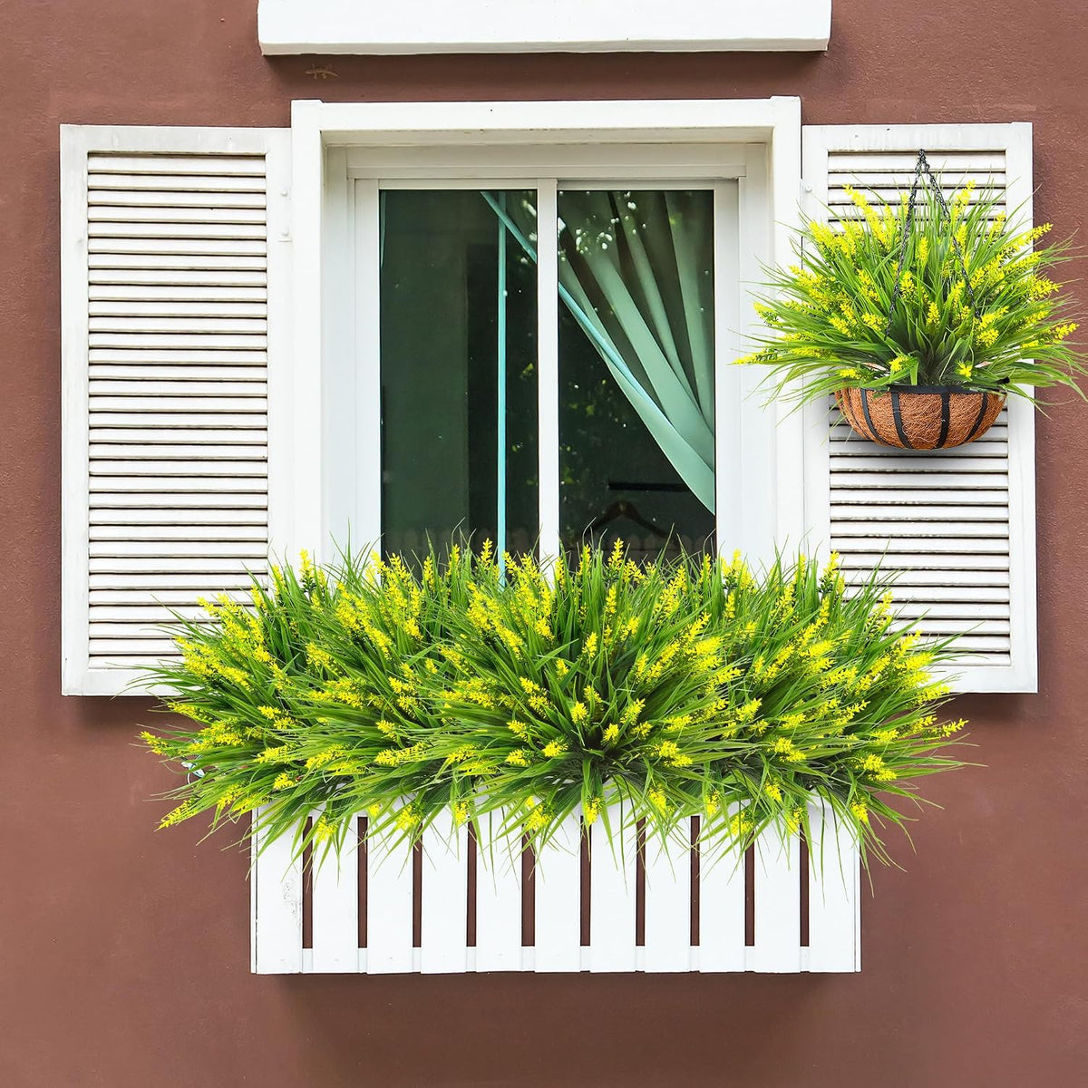 12 Bundles Artificial Plants Outdoor Faux Lavender Flowers Fake Monkey Grass UV Resistant Plastic Greenery Plants for Garden Home Porch Window Patio Hanging Planter Indoor Decor (Purple)
